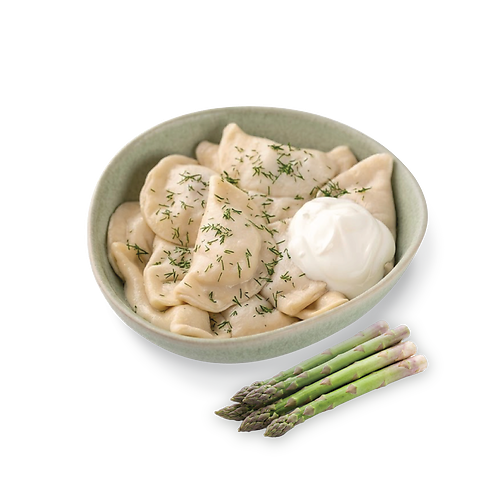 ORGANIC ASPARGUS, CHEESE, CREAMY POTATO PIEROGIES (Gluten-free)
